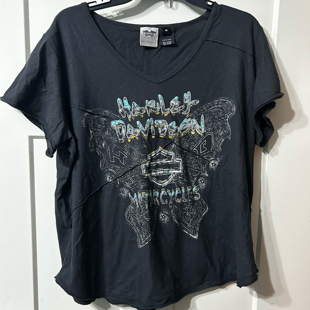 Harley-Davidson Dark grey Butterfly distressed Graphic T-Shirt teal yellow